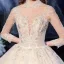 Vintage / Originale Champagne Transparentes La Mariée Robe De Mariée 2020 Robe Boule Col Haut 3/4 Manches Dos Nu Glitter Tulle Appliques En Dentelle Paillettes Perlage
