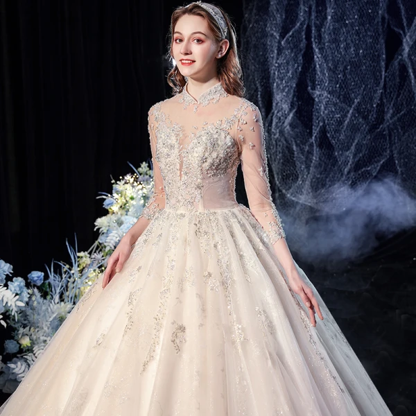 Vintage / Originale Champagne Transparentes La Mariée Robe De Mariée 2020 Robe Boule Col Haut 3/4 Manches Dos Nu Glitter Tulle Appliques En Dentelle Paillettes Perlage