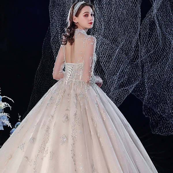 Vintage / Originale Champagne Transparentes La Mariée Robe De Mariée 2020 Robe Boule Col Haut 3/4 Manches Dos Nu Glitter Tulle Appliques En Dentelle Paillettes Perlage