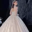 Vintage / Originale Champagne Transparentes La Mariée Robe De Mariée 2020 Robe Boule Col Haut 3/4 Manches Dos Nu Glitter Tulle Appliques En Dentelle Paillettes Perlage