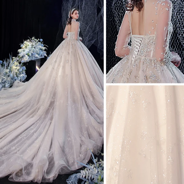 Vintage / Originale Champagne Transparentes La Mariée Robe De Mariée 2020 Robe Boule Col Haut 3/4 Manches Dos Nu Glitter Tulle Appliques En Dentelle Paillettes Perlage