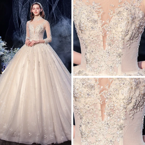 Vintage / Originale Champagne Transparentes La Mariée Robe De Mariée 2020 Robe Boule Col Haut 3/4 Manches Dos Nu Glitter Tulle Appliques En Dentelle Paillettes Perlage