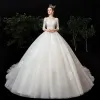 Romantic Champagne See-through Bridal Wedding Dresses 2020 Ball Gown Scoop Neck 3/4 Sleeve Backless Pierced Appliques Lace Chapel Train