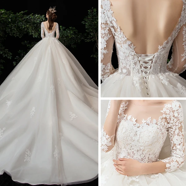 Romantic Champagne See-through Bridal Wedding Dresses 2020 Ball Gown Scoop Neck 3/4 Sleeve Backless Pierced Appliques Lace Chapel Train