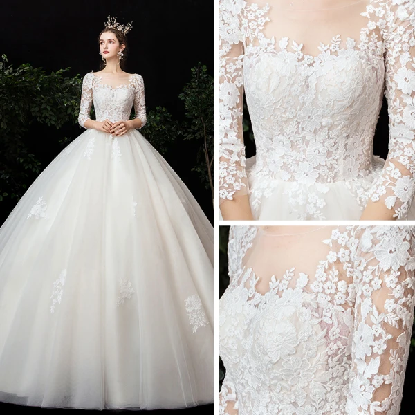 Romantic Champagne See-through Bridal Wedding Dresses 2020 Ball Gown Scoop Neck 3/4 Sleeve Backless Pierced Appliques Lace Chapel Train