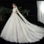 Meilleur Champagne Dentelle La Mariée Robe De Mariée 2020 Robe Boule Transparentes Encolure Carrée Sans Manches Dos Nu Appliques En Dentelle Perlage Cathedral Train Volants