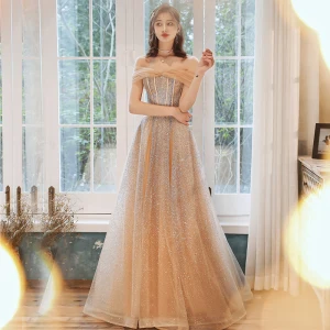 Elegant Champagne Gull Selskapskjoler 2020 Prinsesse Kjæreste Uten Ermer Beading Glitter Tyll Lange Buste Ryggløse Formelle Kjoler
