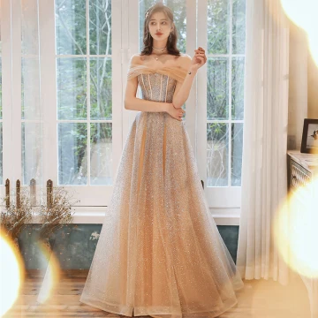 Elegant Champagne Gold Evening Dresses 2020 A Line Princess Sweetheart Sleeveless Beading Glitter Tulle Floor Length Long Ruffle Backless Formal Dresses