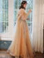 Elegant Champagne Gull Selskapskjoler 2020 Prinsesse Kjæreste Uten Ermer Beading Glitter Tyll Lange Buste Ryggløse Formelle Kjoler