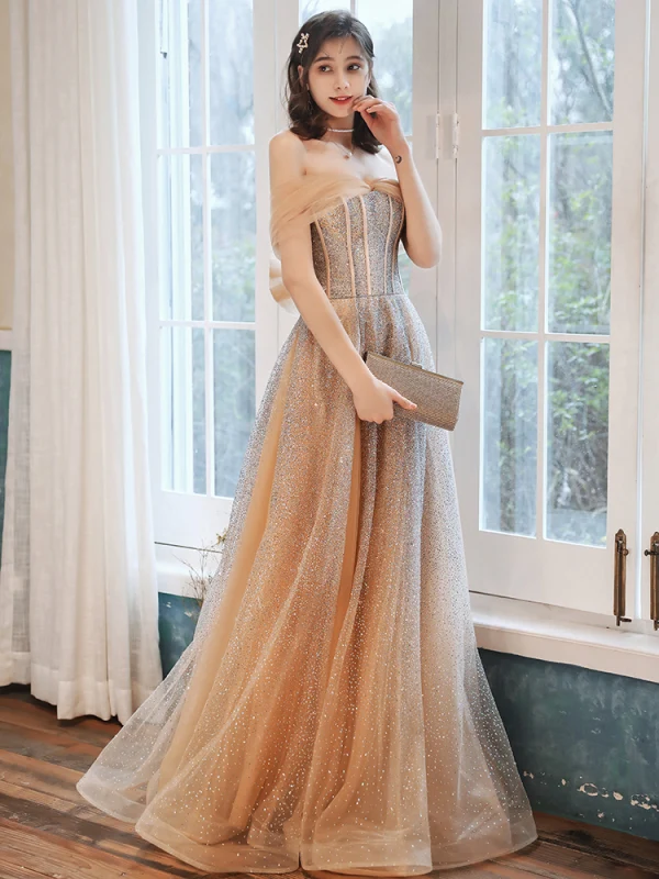 Elegant Champagne Gull Selskapskjoler 2020 Prinsesse Kjæreste Uten Ermer Beading Glitter Tyll Lange Buste Ryggløse Formelle Kjoler