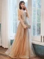 Elegant Champagne Gull Selskapskjoler 2020 Prinsesse Kjæreste Uten Ermer Beading Glitter Tyll Lange Buste Ryggløse Formelle Kjoler