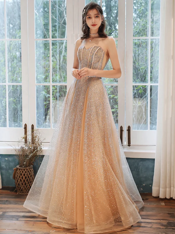 Elegant Champagne Gull Selskapskjoler 2020 Prinsesse Kjæreste Uten Ermer Beading Glitter Tyll Lange Buste Ryggløse Formelle Kjoler