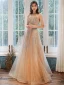 Elegant Champagne Gull Selskapskjoler 2020 Prinsesse Kjæreste Uten Ermer Beading Glitter Tyll Lange Buste Ryggløse Formelle Kjoler