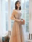 Elegant Champagne Gull Selskapskjoler 2020 Prinsesse Kjæreste Uten Ermer Beading Glitter Tyll Lange Buste Ryggløse Formelle Kjoler