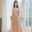 Elegant Champagne Gull Selskapskjoler 2020 Prinsesse Kjæreste Uten Ermer Beading Glitter Tyll Lange Buste Ryggløse Formelle Kjoler