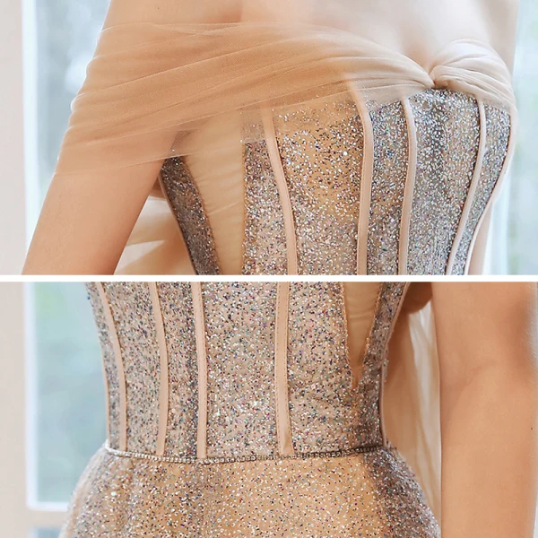Elegant Champagne Gull Selskapskjoler 2020 Prinsesse Kjæreste Uten Ermer Beading Glitter Tyll Lange Buste Ryggløse Formelle Kjoler
