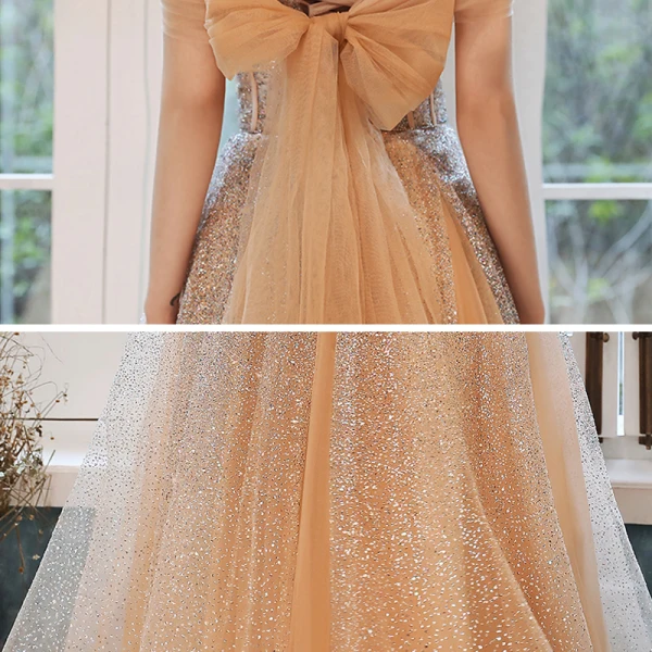 Elegant Champagne Gull Selskapskjoler 2020 Prinsesse Kjæreste Uten Ermer Beading Glitter Tyll Lange Buste Ryggløse Formelle Kjoler