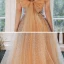 Elegant Champagne Gull Selskapskjoler 2020 Prinsesse Kjæreste Uten Ermer Beading Glitter Tyll Lange Buste Ryggløse Formelle Kjoler