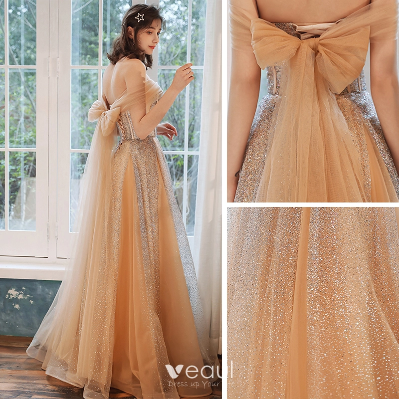 Long Sleeve Gold Tulle Jewel Neckline Beadings Floor-length Prom Evening  Dress