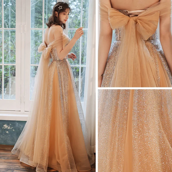 Elegant Champagne Gull Selskapskjoler 2020 Prinsesse Kjæreste Uten Ermer Beading Glitter Tyll Lange Buste Ryggløse Formelle Kjoler