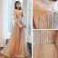 Elegant Champagne Gull Selskapskjoler 2020 Prinsesse Kjæreste Uten Ermer Beading Glitter Tyll Lange Buste Ryggløse Formelle Kjoler