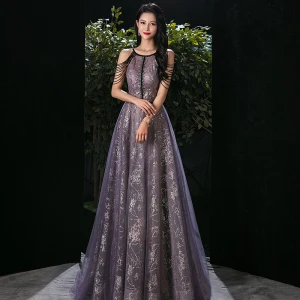 Moda Winogrono Przezroczyste Sukienki Wieczorowe 2020 Princessa Wycięciem Bez Rękawów Frezowanie Aplikacje Cekiny Długie Wzburzyć Bez Pleców Sukienki Wizytowe