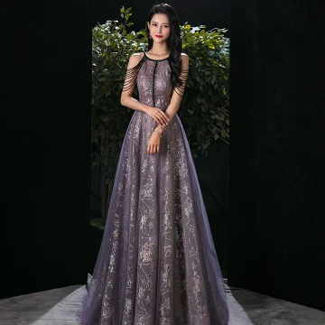 Fashion Grape See Through Evening Dresses 2020 A Line Princess Scoop Neck Sleeveless Beading Appliques Sequins Floor Length Long Ruffle Backless Formal Dresses