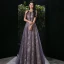 Fashion Grape See-through Evening Dresses  2020 A-Line / Princess Scoop Neck Sleeveless Beading Appliques Sequins Floor-Length / Long Ruffle Backless Formal Dresses