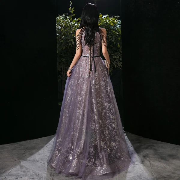 Fashion Grape See-through Evening Dresses 2020 A-Line / Princess Scoop Neck Sleeveless Beading Appliques Sequins Floor-Length / Long Ruffle Backless Formal Dresses