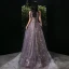 Fashion Grape See-through Evening Dresses  2020 A-Line / Princess Scoop Neck Sleeveless Beading Appliques Sequins Floor-Length / Long Ruffle Backless Formal Dresses