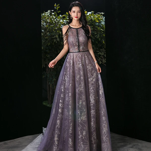 Fashion Grape See-through Evening Dresses 2020 A-Line / Princess Scoop Neck Sleeveless Beading Appliques Sequins Floor-Length / Long Ruffle Backless Formal Dresses