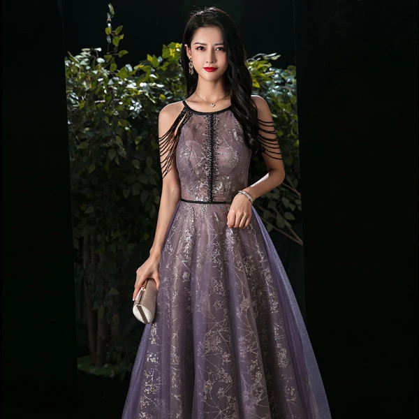 Fashion Grape See-through Evening Dresses 2020 A-Line / Princess Scoop Neck Sleeveless Beading Appliques Sequins Floor-Length / Long Ruffle Backless Formal Dresses