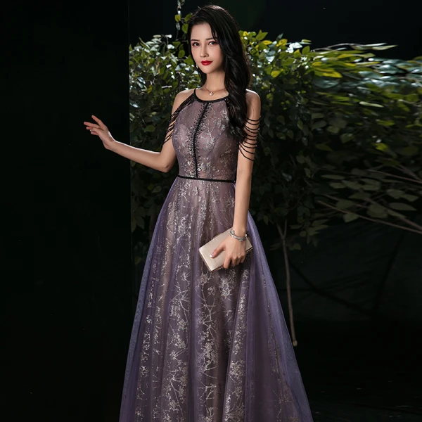 Fashion Grape See-through Evening Dresses 2020 A-Line / Princess Scoop Neck Sleeveless Beading Appliques Sequins Floor-Length / Long Ruffle Backless Formal Dresses
