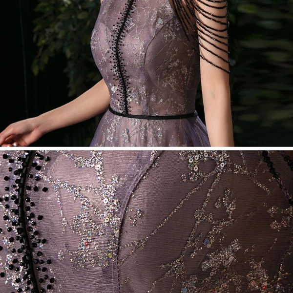 Fashion Grape See-through Evening Dresses 2020 A-Line / Princess Scoop Neck Sleeveless Beading Appliques Sequins Floor-Length / Long Ruffle Backless Formal Dresses