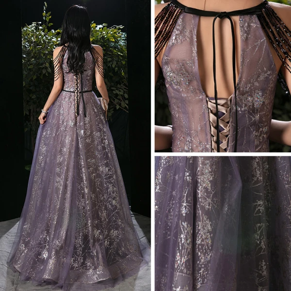 Fashion Grape See-through Evening Dresses 2020 A-Line / Princess Scoop Neck Sleeveless Beading Appliques Sequins Floor-Length / Long Ruffle Backless Formal Dresses