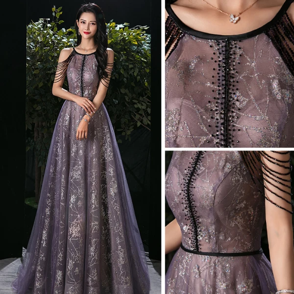 Fashion Grape See-through Evening Dresses 2020 A-Line / Princess Scoop Neck Sleeveless Beading Appliques Sequins Floor-Length / Long Ruffle Backless Formal Dresses