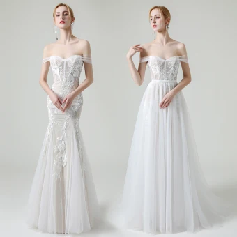 Haut De Gamme Champagne Jardin Extérieur Robe De Mariée 2020 Princesse De L 039 Épaule Manches Courtes Dos Nu Appliques En Dentelle Détachable Train De Balayage Volants