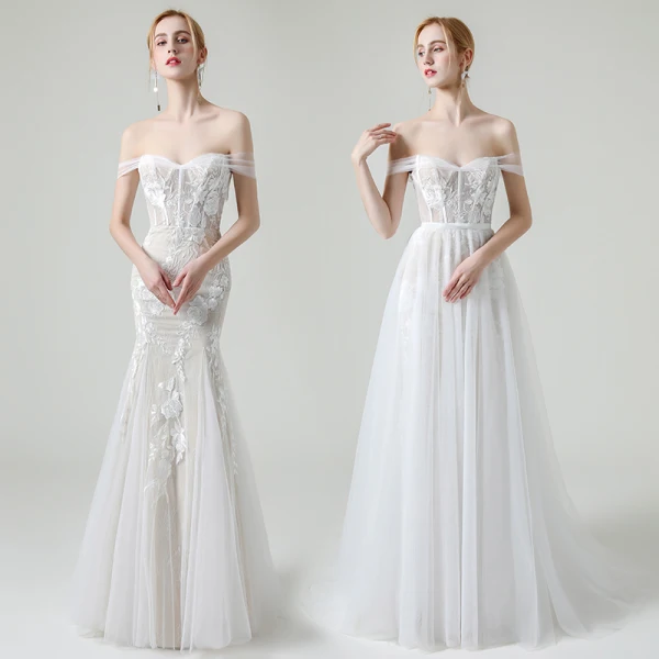 Haut de Gamme Champagne Jardin / Extérieur Robe De Mariée 2020 Princesse De l'épaule Manches Courtes Dos Nu Appliques En Dentelle Détachable Train De Balayage Volants