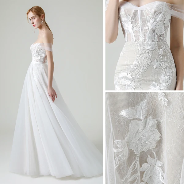 Haut de Gamme Champagne Jardin / Extérieur Robe De Mariée 2020 Princesse De l'épaule Manches Courtes Dos Nu Appliques En Dentelle Détachable Train De Balayage Volants