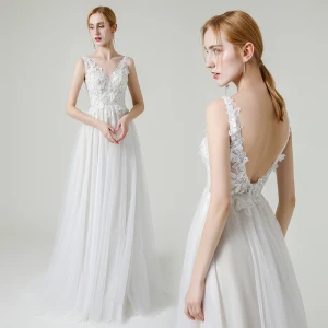Haut De Gamme Blanche Jardin Extérieur Robe De Mariée 2020 Princesse V Cou Sans Manches Dos Nu Appliques En Dentelle Fleur Perlage Perle Longue Volants