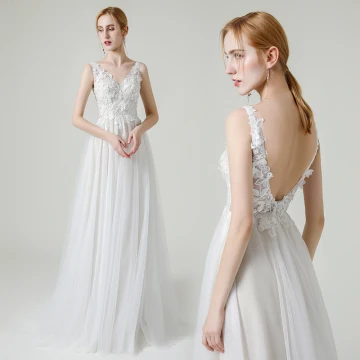 High End White Outdoor Garden Wedding Dresses 2020 A Line Princess V Neck Sleeveless Backless Appliques Lace Flower Beading Pearl Floor Length Long Ruffle