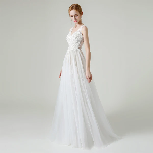 High-end White Outdoor / Garden Wedding Dresses 2020 A-Line / Princess V-Neck Sleeveless Backless Appliques Lace Flower Beading Pearl Floor-Length / Long Ruffle