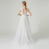 High-end White Outdoor / Garden Wedding Dresses 2020 A-Line / Princess V-Neck Sleeveless Backless Appliques Lace Flower Beading Pearl Floor-Length / Long Ruffle