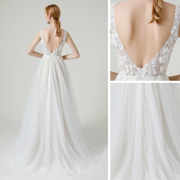 High-end White Outdoor / Garden Wedding Dresses 2020 A-Line / Princess V-Neck Sleeveless Backless Appliques Lace Flower Beading Pearl Floor-Length / Long Ruffle