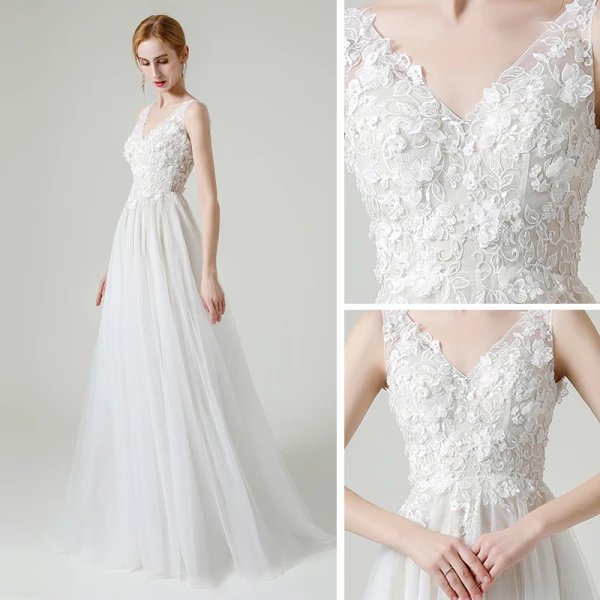 High-end White Outdoor / Garden Wedding Dresses 2020 A-Line / Princess V-Neck Sleeveless Backless Appliques Lace Flower Beading Pearl Floor-Length / Long Ruffle