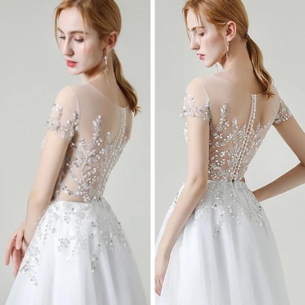 Illusion Weiß Garten / Im Freien Durchsichtige Brautkleider / Hochzeitskleider 2020 A Linie Rundhalsausschnitt Kurze Ärmel Perlenstickerei Pailletten Sweep / Pinsel Zug Rüschen