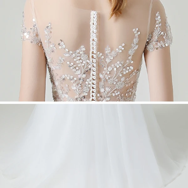 Illusion Weiß Garten / Im Freien Durchsichtige Brautkleider / Hochzeitskleider 2020 A Linie Rundhalsausschnitt Kurze Ärmel Perlenstickerei Pailletten Sweep / Pinsel Zug Rüschen
