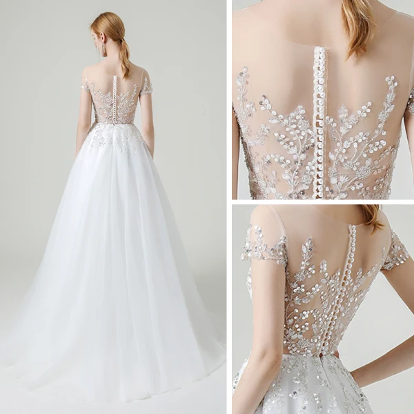 Illusion Weiß Garten / Im Freien Durchsichtige Brautkleider / Hochzeitskleider 2020 A Linie Rundhalsausschnitt Kurze Ärmel Perlenstickerei Pailletten Sweep / Pinsel Zug Rüschen