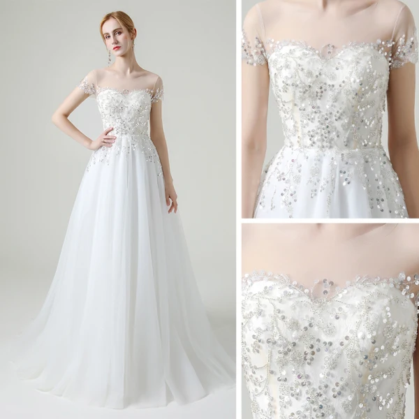 Illusion Weiß Garten / Im Freien Durchsichtige Brautkleider / Hochzeitskleider 2020 A Linie Rundhalsausschnitt Kurze Ärmel Perlenstickerei Pailletten Sweep / Pinsel Zug Rüschen