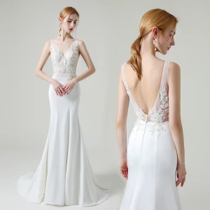 Haut De Gamme Blanche Satin La Mariée Robe De Mariée 2020 Trompette Sirène V Cou Sans Manches Dos Nu Appliques En Dentelle Perlage Train De Balayage Volants